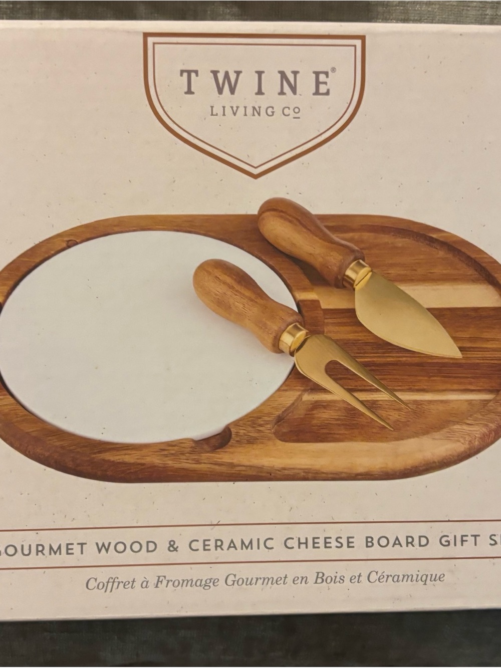 Wood & Ceramic Cheese Board with Gold Knife Set - Brown